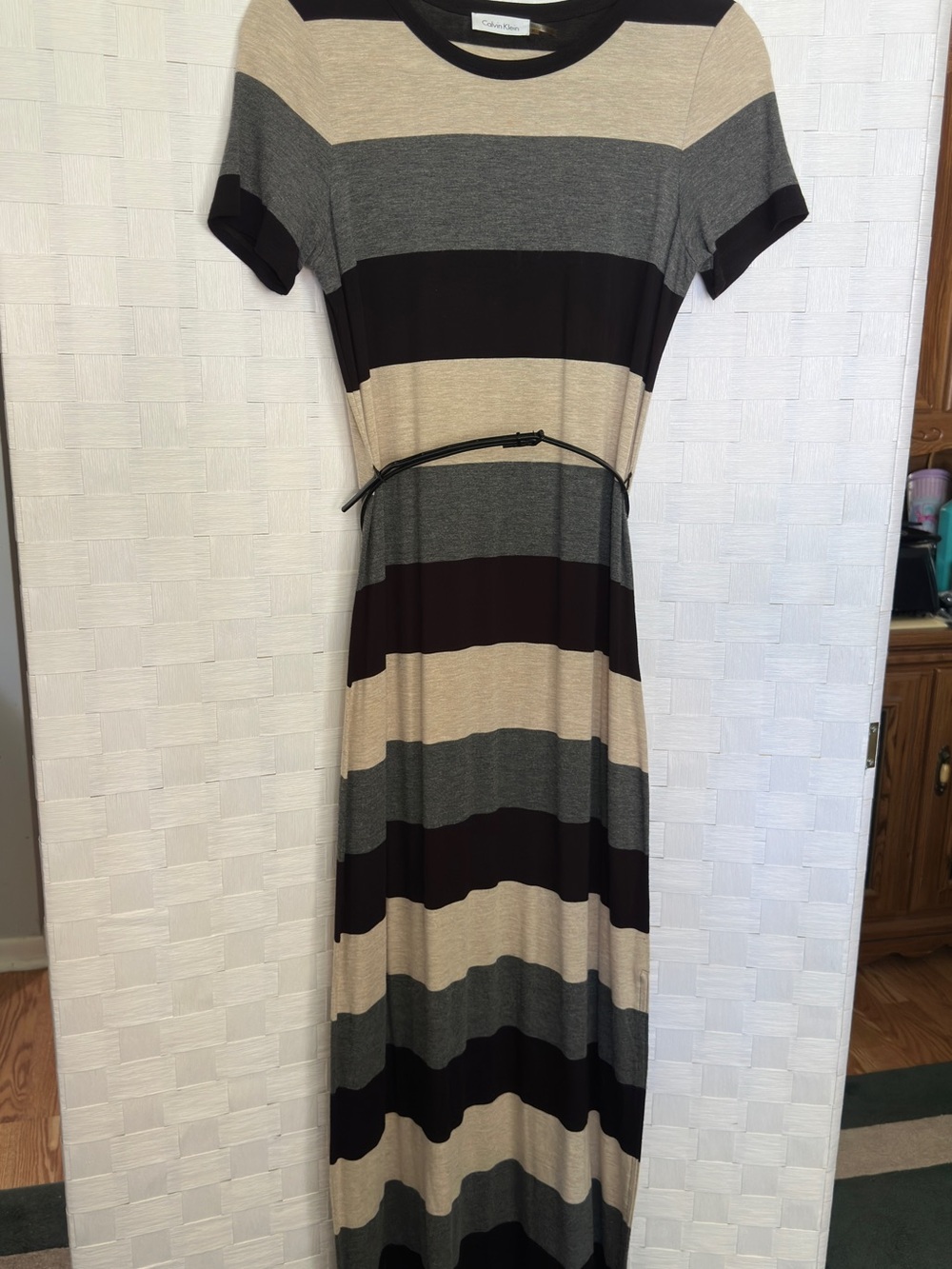 Calvin Klein Beige and Black Striped Maxi Dress